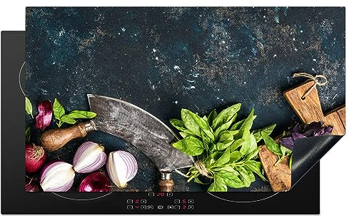 MuchoWow Herdabdeckplatte Ceranfeld Spritzschutz Küche Gemüse - Kräuter - Wiegemesser - Zwiebel - Gewürze - Rustikal 89.6x51.6 cm Induktionsherd Abdeckung Induktionskochfeld Ceranfeldabdeckung