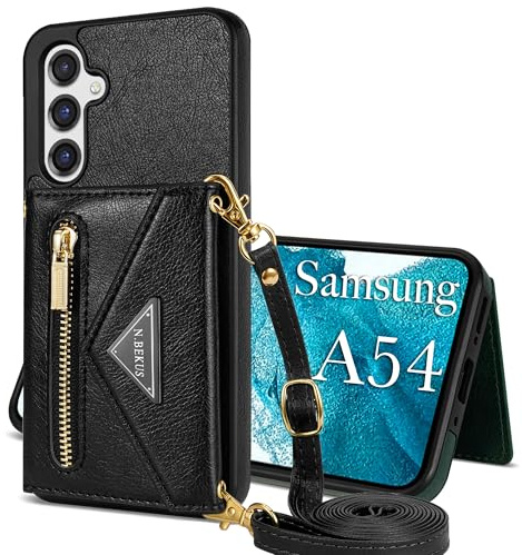 GUVAGI für Samsung Galaxy A54 5G Hülle mit Band Handykette Handyhülle,Flip 4-Karten Leder Klappbar Reißverschluss Handytasche Mädchen Case mit Abnehmbar Kette Schnur Tasche Hinten Umhängen (Schwarz)