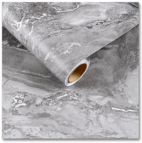 CRE8TIVE Silver Grey Marble Wallpaper 30cmx200cm Marble Effect Self Adhesive Vinyl Bathroom Contact Paper Waterproof Kitchen Worktop Covering Thick Wallpaper for Living Room Bedroom Furniture Stickers