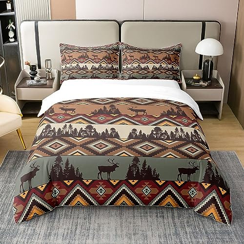 100% Bio-Baumwolle Western Aztekische Bettbezug 200x200 Jagd Hirsch Elch Bettbezug Western Heim Dekor Ethnische Tribal Style Bettwäsche Set Mexikanischer Stil Bettbezug Geometrische Diamant-Bettbezug