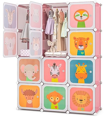 Costzon Kids Closet, Cartoon DIY Modular Dresser Storage Organizer with 12 Cubes & 2 Clothes Hanging Rack, Portable Armoire for Baby Toddlers, Kids Wardrobe for Bedroom Nursery (Pink)