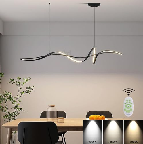 LED Pendelleuchte Wohnzimmer Esstisch Hängelampe Hängeleuchte Dimmbar Schwarz Pendellampe Küchen Büro Decken Hängend Lampe Modern Höhenverstellbar Esszimmerlampe mit Fernbedienung (L140cm, Schwarz)