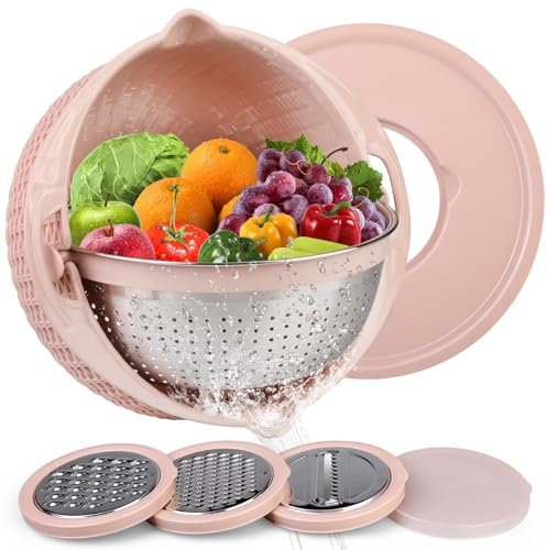 Yilingchild Scolapasta multifunzione con ciotola, 4 in 1 affettatrice a doppio strato con grattugia per mescolare, rosa Pratico Scolapasta per Frutta e Verdura