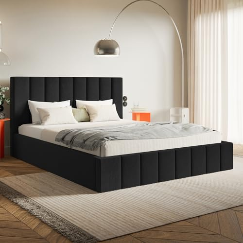 MOTIVENA Ibiza Bett 180x200 Schwarz Samt, mit Stauraum, mit Kopfteil, mit Lattenrost, ohne Füße, ohne Matratze, Polsterbett 180x200 mit Bettkasten Schwarz