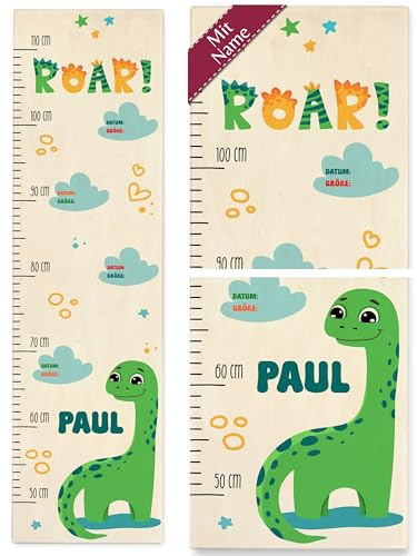 Messlatte Kind Holz - Dinosaurier - Kindermesslatte Roar Dino mit Name Babymeslatte Dinos I - 50-110 cm - Holz - messlatte+kinder+holz+dino holzlatte bunt für kinder grössenmass messstange junge