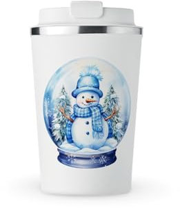 MAXIKIWI - Tasse isotherme à double paroi en acier inoxydable, gobelet de voyage pour café ou thé avec couvercle, garde les boissons chaudes et froides - Bonhomme de neige bleu dans une boule à neige