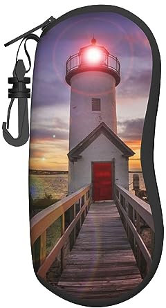 KWQDOZF Brillenetui mit Karabiner, Motiv: Leuchtturm, lila Schmetterlinge, bedruckt, tragbar, weich, für Sonnenbrillen, Unisex