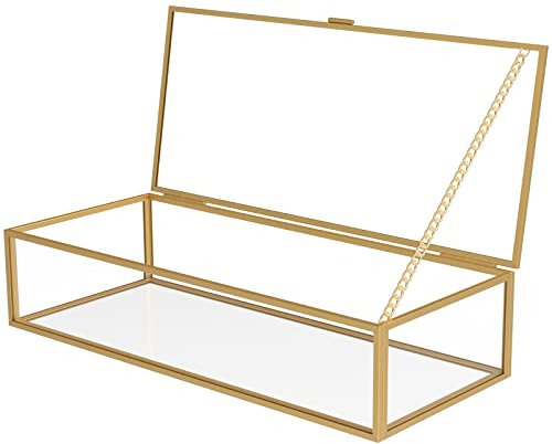 XP Glasschmuckschachtel Dekorative Vintage Schmuck Organizer Box mit Scharnierdeckel und gespiegelten unteren goldenen rechteckigen Desktop -Schmuck Organizer Halter Großer klarer Glasschachtel für Au