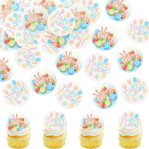 Blumomon 40pcs Edible Easter Happy Cake Toppers - Pastel Colored Rice Paper Cupcake Picks for Easter Party Decorations
