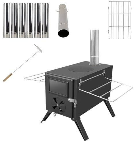 Tent Stove Wood Burning Stove, Folding Carbon Steel Firewood Stove Portable Camping Tent Cookware with Chimney Pipes Tent Wood Camp Heater Camping Cookware for Heating Lodging Cooking