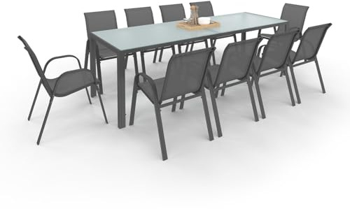IDMarket – Salón de jardín Madrid Mesa 240 cm y 10 sillas apilables gris antracita bandeja clara