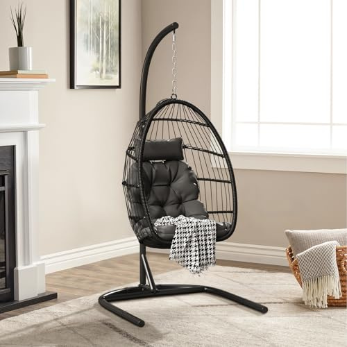 Warmiehomy Egg Chair Hanging Chair with Stand Garden Foldable Swing Chair with Cushion Rattan Hanging Egg Chairs for Indoor Outdoor Hammock Chair with Frame for Patio, Balcony
