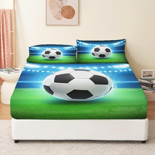 Lenzuola Con Angoli Microfibra Ultra Soft Sport Calcio Arena Completo Coprimaterasso Antiscivolo 90 X 200 Cm + 2 Federe Verde Bianco Tessuto Antipolvere Per Letto Matrimoniale Lenzuola