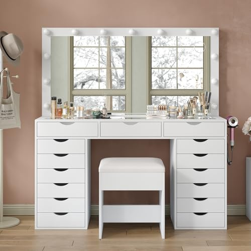 FUSOU 15 Drawers Dressing Table with Mirror and 13 LED Lights, Makeup Vanity with Power Outlet, 3 Color Modes, Adjustable Brightness, Glass Top Vanity for Dressing Room Bedroom, White