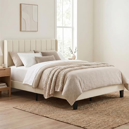 Levede King Size Bed Frame, Upholstered Platform Bed with Channel Tufted Wingback Headboard, Strong Wood Slat Support, Noise-Free Foundation, No Box Spring Needed, 5ft King Bed, Beige