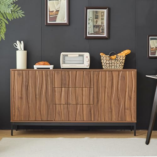 LAKFEW Aparador Cocina, Aparadores para Salon con 2 Puertas y 3 Cajones, Muebles de Cocina con Patas Metálicas y Dispositivo Antivuelco, Aparador Salon, Sideboard, 150x40x80 cm, Marrón Oscuro