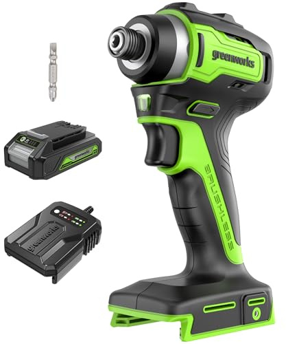 Greenworks 24 V bürstenloser Schlagschrauber, 220 N.m 1/4 Zoll, Akku 2000 mAh, bürstenloser Motor