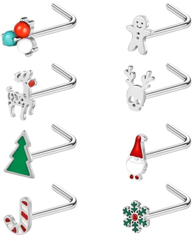 ZS 8Pcs 20G Stainless Steel Christmas Nose Rings, Christmas Tree Snowflake Elk Nostril Jewelry Silver, Christmas Corkscrew Nostril Studs L Shape Nose Rings For Women