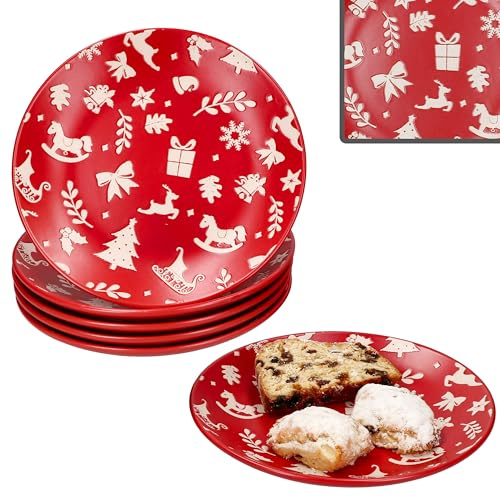 MamboCat 6er Set Advent Dessertteller I Ø20cm I Kuchenteller aus Steingut in Rot mit Weihnachtsmotiven in Creme I winterliche Gebäckteller für Weihnachten, Advent & Nikolaus