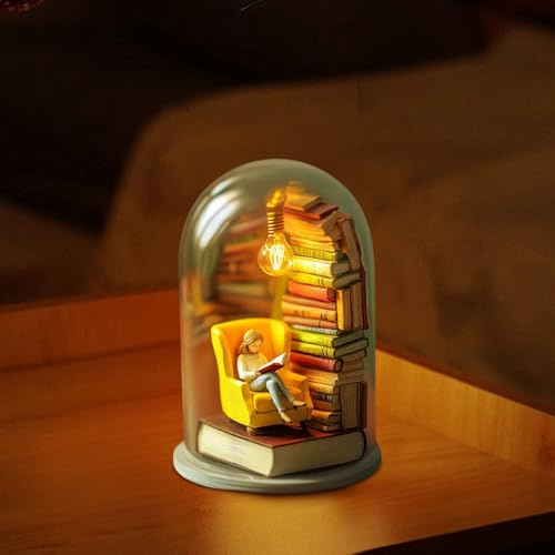 Reader Night Light - 3D Miniature Book Light, Miniature Book Lover Lamp, Mini Lamp - with Mini Reading Figurine and Tiny Bookshelf Library Statue, for Desktop Decoration (Style A)