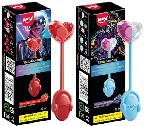 Amos Music Lollipop Candy, Vegan 1x Strawberry & 1x Blueberry Flavor-2 PCS | Singing Lollies Audio Sweets, Sugar Free Lollipops Individually Wrap for Party
