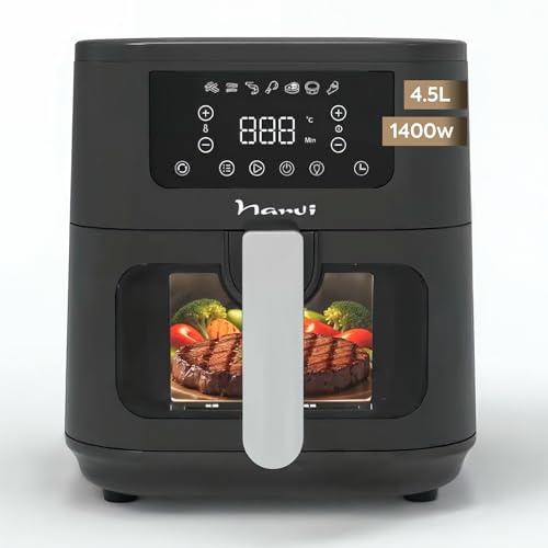 Narvi Freidora de Aire Doble Resistencia 5.5L - 1500W - Ventana Visible - 7 Menús - Cocción sin Girar Alimentos - 80–200°C - Panel Digital Táctil Apta para Lavavajillas sin BPA ni PFOA
