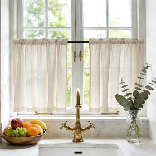 GFCC Scheibengardinen modern Leinenoptik Kurz 2Per H60xB65cm Beige Küchengardinen Bistrogardine Wohnwagen Vorhänge Landhausstil Gardine für Küchen Schrank Wohnwagen Klein Fenster