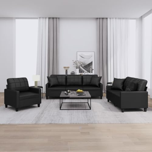 RMIHSJG 3-TLG. Sofagarnitur mit Kissen Schwarz Kunstleder, Langlebiges Polstermöbel für Wohnzimmer, Robuster Sitzkomfort mit Metallgestell, Schmutzabweisende Kunstleder Couchgarnitur