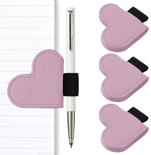 Litvana Magnetic Bookmark Pen Loop Holder, Heart Style Leather Pencil Holder Clip for Notebooks, Journals, Calendars, PU Leather Pink 3 Pcs