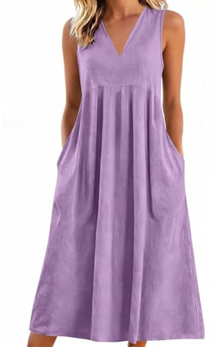 Vestidos Verano Mujer 2026,Cuello V Algodón y Lino Vestido Mujer Verano Casual Sueltos Color Sólido Vestidos Largo Cintura Alta con Bolsillos Cómodo y Transpirable Maxi Vestidos Playeros