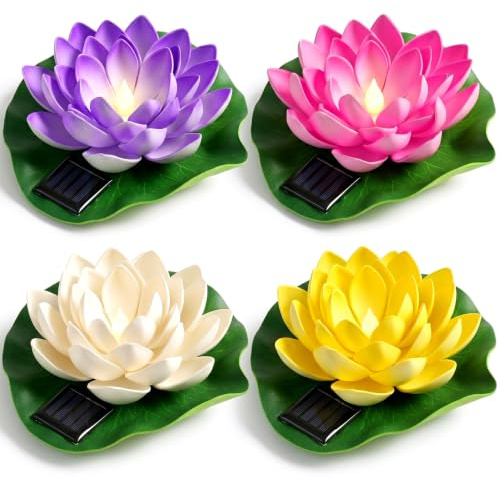 Aohcae 4 Stück Schwimmende Lotuslichter, Wasserdichte Solar Lotusblüte, Seerosen Künstlich Solar für Garten Hof, Schwimmbad, Brunnen und Aquarien