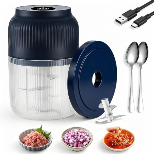 Picadora eléctrica doméstica de ajo, 350 ml, inalámbrica, con tapa, 6 cuchillas de acero inoxidable. Mini procesador de alimentos para cebolla, chile, jengibre, nueces, carne y frutas (Blue,6 Blade)