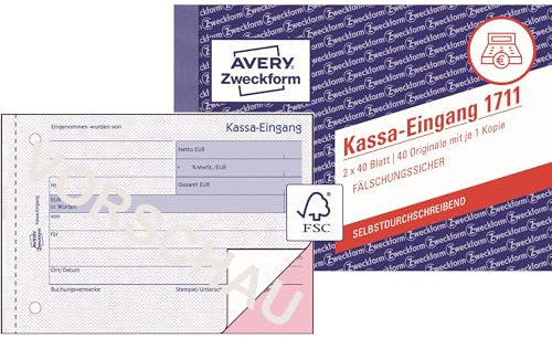 AVERY Zweckform 1711 Kassa-Eingang speziell für Österreich (A6 quer, 2x40 Blatt, selbstdurchschreibend mit farbigem Durchschlag, fälschungssicherer Dokumentendruck) weiß/rosa