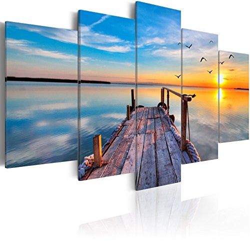 B&D XXL - Leinwandbild Brücke See Himmel, 100x50 cm, 5-teilig, Schlafzimmer | Hochwertige Leinwand, sofort aufhängbar, ideal fürs Wohn- oder Schlafzimmer, wasserfest und lichtecht, langlebig, stilvoll