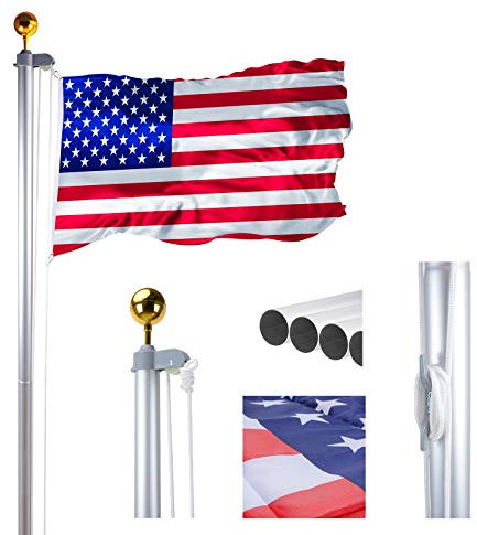Voilamart 20ft Silver Aluminium Flagpole 5 Sectional Flagpole Ajdustable pole Residential Commercial Flag Pole Kit with the American Flag Outdoor