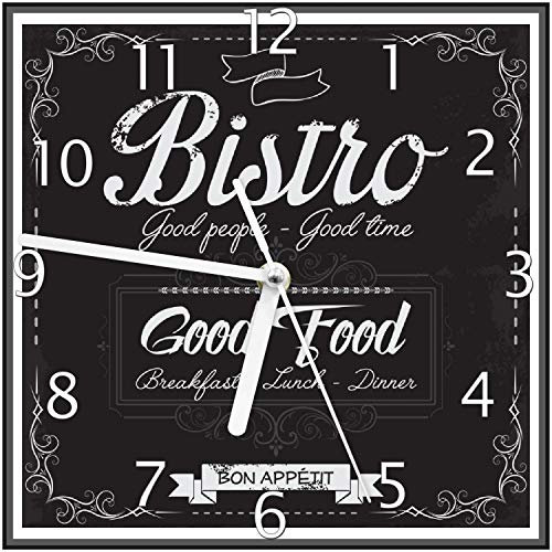 Wallario Design-Wanduhr Bistro-Design in schwarz-weiß aus Glas, Motiv-Uhr Größe 20 x 20 cm, weiße Zeiger