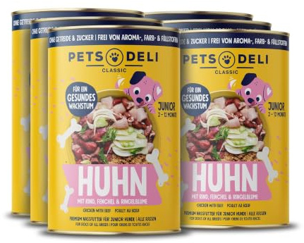 Pets Deli Junior Nassfutter für Hunde mit Huhn & Rind, Amaranth, 6x800g | Rind & Huhn für wachsende Hunde, mit Fenchel & Amaranth für empfindliche Mägen, getreidefrei, ohne Zucker, Premium Qualität