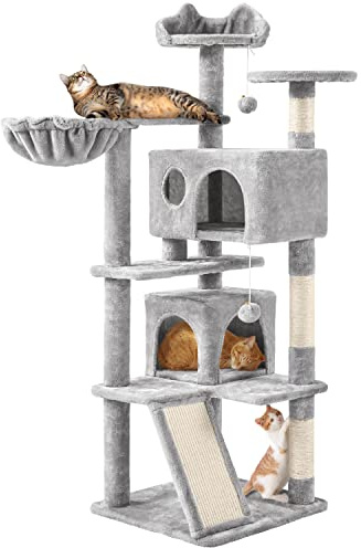 Yaheetech 144.5 cm Cat Tree for Indoor Cats, 2 Condos & Basket, Light Grey | Scratching Posts, Multi-level Cat Tower, Ladder with Sisal Pad, Twin Top Beds, Anti-Tip Kit, 2 Play Toys, FSC-Certified