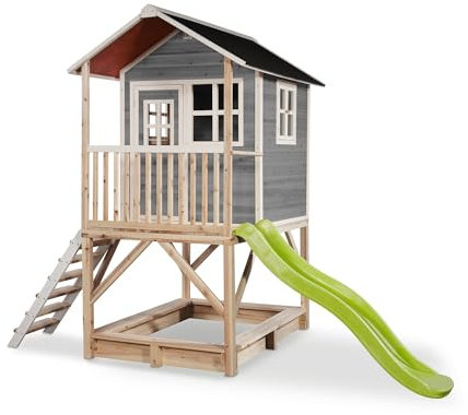 EXIT Toys Loft 500 Holzspielhaus für Draußen mit Sandkasten & Rutsche - Wasserdichtes Gartenhaus aus Holz für Kinder - Einfache Montage - 100% FSC Zedernholz - 329x190x253cm - Grau