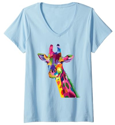 Femme Adorable girafe arc-en-ciel T-Shirt avec Col en V
