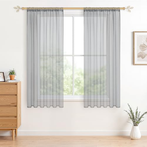 CUTEWIND Gardinen mit Stangendurchzug Voile Gardinen aus Polyester Halbtransparent Vorhänge für Wohnzimmer Schlafzimmer Kinderzimmer Grau 2er Set 140x145(BxH)