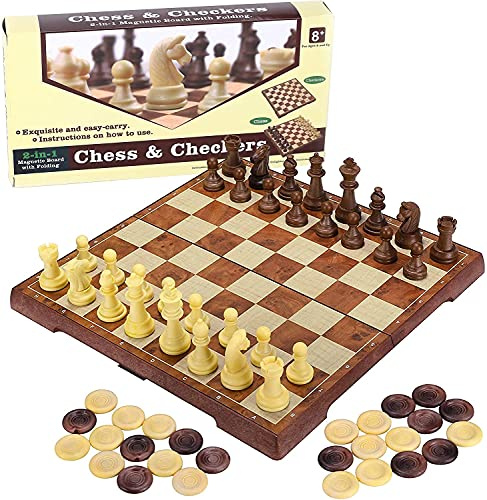 SARTHAM 2 in 1 Chess Set - 12x12 Foldable Chess and Checkers Set Magnetic Board with Portable Folding Interior Storage Travel Chess Game Board (31 cms x 31 cms)