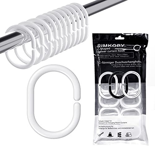 Anillos de cortina de ducha, 48 unidades, ganchos para cortina de ducha, ganchos blancos, anillos para cortina de ducha en forma de C para barra de ventana de ducha, de plástico estable, anillos de