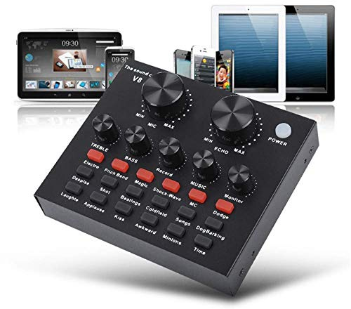 V8 Live Sound Card, Audio Mixer USB External Sound Card Headset Microphone Sound Card Live Broadcast KTV Sound Card for Double Cell Phone for Live KTV Voice Chat(Black)