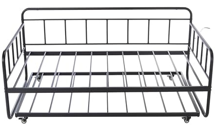 Amazon Basics Twin Daybed and Trundle Bed Frame Set, Space Saving Steel Slat Support, Easy Assembly, Twin Size, Black, 77.3 x 40 x 35.4 in