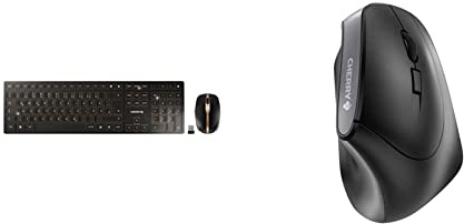 CHERRY DW 9100 Slim, kabelloses Tastatur- und Maus-Set, Deutsches Layout, schwarz-Bronze & MW 4500, kabellose Maus, ergonomische Rechtshändermaus im 45° Design, schwarz