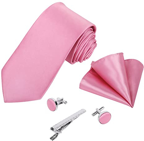 Beaface Men Ties Set, Solid Color Ties for Wedding Business, Men's Ties and Pocket Square 5 PCS Set (Pink)