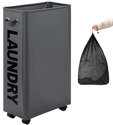 DOKEHOM 29-Inches Enlarged Slim Cesta de Lavandería con Bolsa de Lavado Removible y Ruedas, Cesto de Lavandería Colapsable con Ruedas, Cestos Estrechos Para Almacenamiento (Gris oscuro)