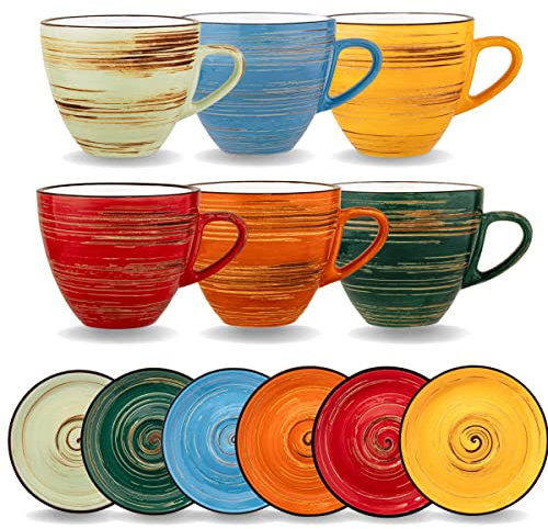 Wilmax | SPIRAL Tassen mit Untertassen | 6er-Set | 300 ml | Tassenset | Kaffeetassen aus Porzellan | Teetassen | Becher Für Getränke, Desserts, Café | Modernes Design