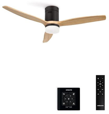 CREATE / WINDCALM M/Deckenventilator ABS mit Beleuchtung Schwarz Hellesholzflügel-Optik mit Fernbedienung und Wandschalter / 40W, Leise, Ø132cm, Timer, DC-Motor, Sommer-Winterbetrieb